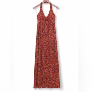 Sirena California 70's Neon Orange Floral Halter 2 Side Slits Maxi Dress S/M